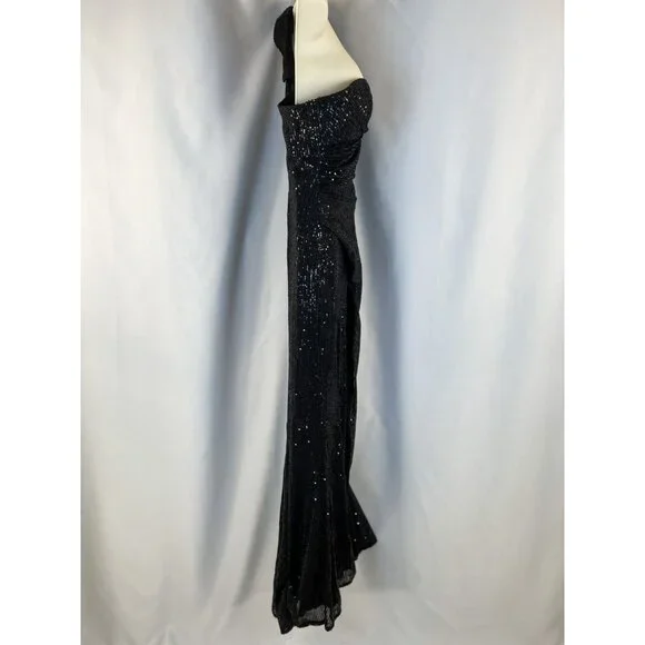 JVN by Jovani Black Sequin One Shoulder Ruffle Formal Gown $410